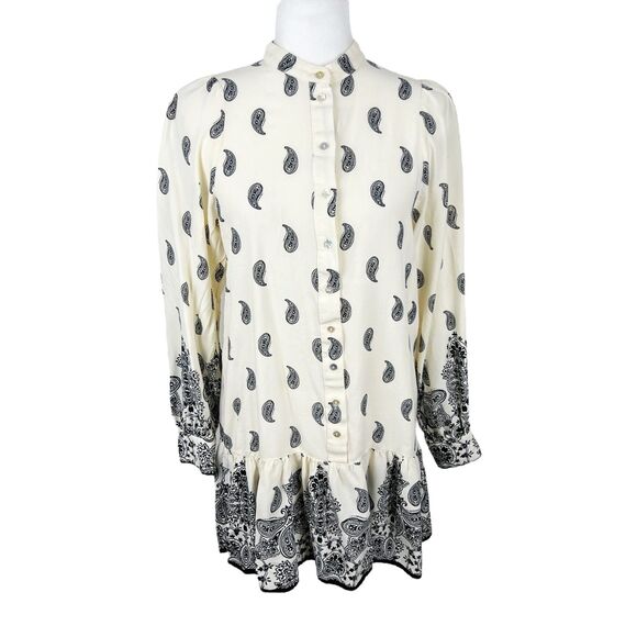 H&M Dress Women Small Beige Black Paisley All Over Print Long Sleeve Peplum Mini - Picture 1 of 15